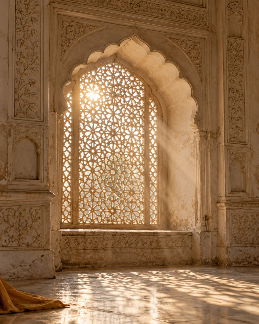 Sunlight through an intricately carved arch, an illustrative architectural study.